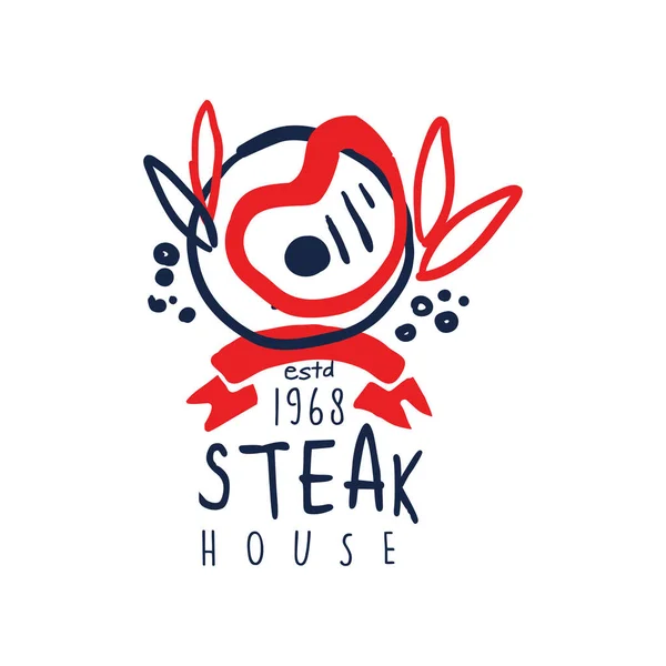 Steak house logo sinds 1968, vintage label kleurrijke hand getekende vector illustratie — Stockvector