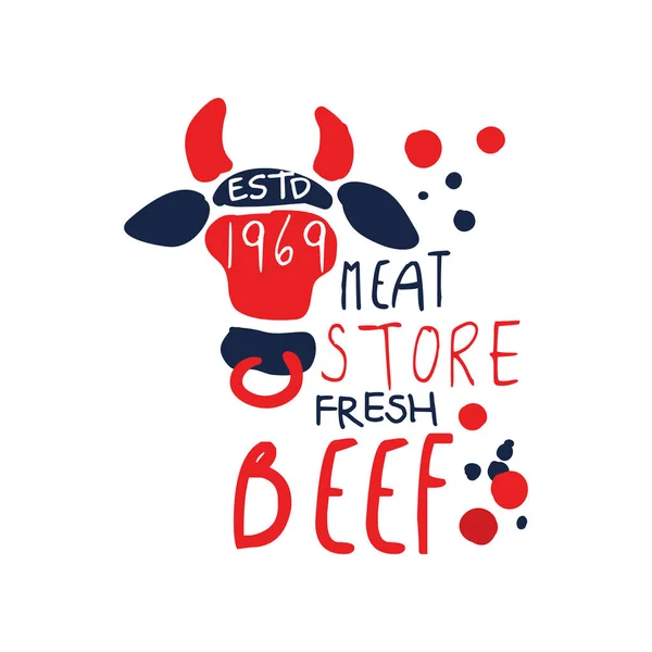 Modèle de logo de magasin de viande, étiquette vintage de boeuf premium coloré vecteur dessiné à la main Illustration — Image vectorielle