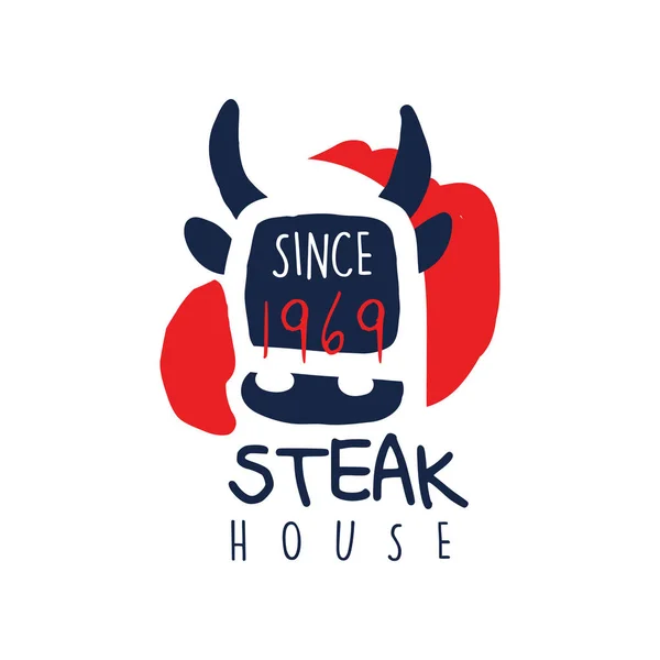 Modèle de logo Steak House depuis 1969, étiquette vintage coloré vecteur dessiné à la main Illustration — Image vectorielle