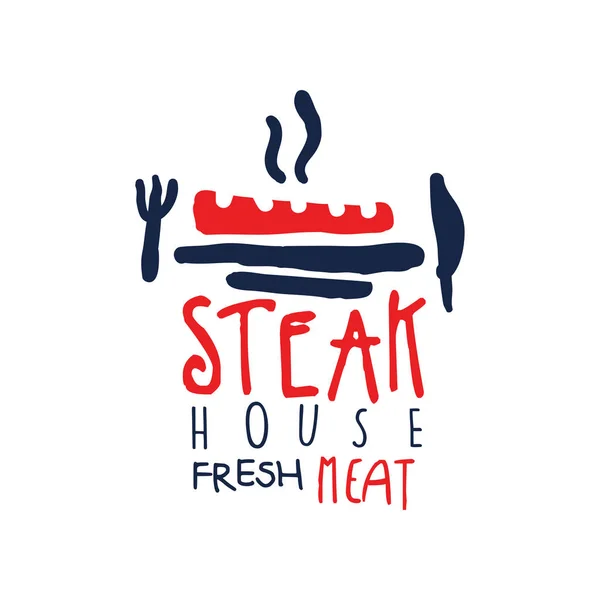 Steak house, logo viande grasse, étiquette vintage en couleurs rouge et bleu dessiné à la main vecteur Illustration — Image vectorielle