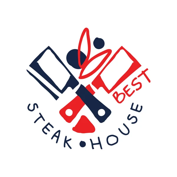 Modèle de logo de maison de steak Beat, étiquette vintage vecteur dessiné à la main coloré Illustration — Image vectorielle