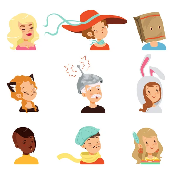 Conjunto de personajes de personas extrañas, diferentes caras divertidas ilustraciones vectoriales — Vector de stock