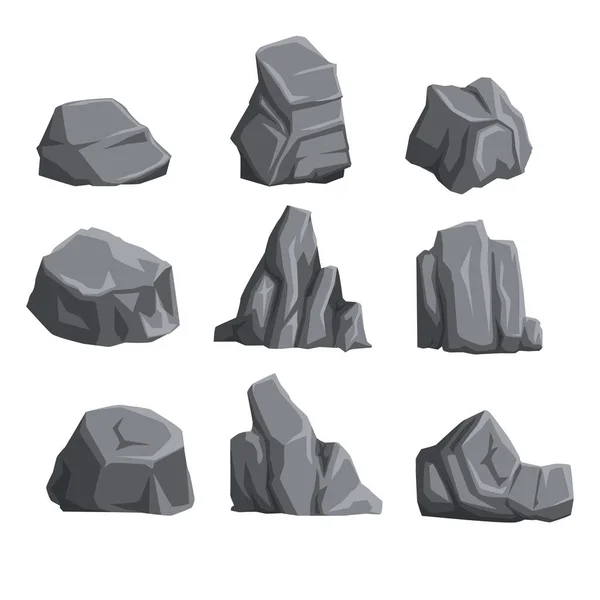 Coleção de pedras de montanha com luzes e sombras. Elementos de design de paisagem rock. Pedras estilo desenhos animados conjunto. Vetor plano — Vetor de Stock