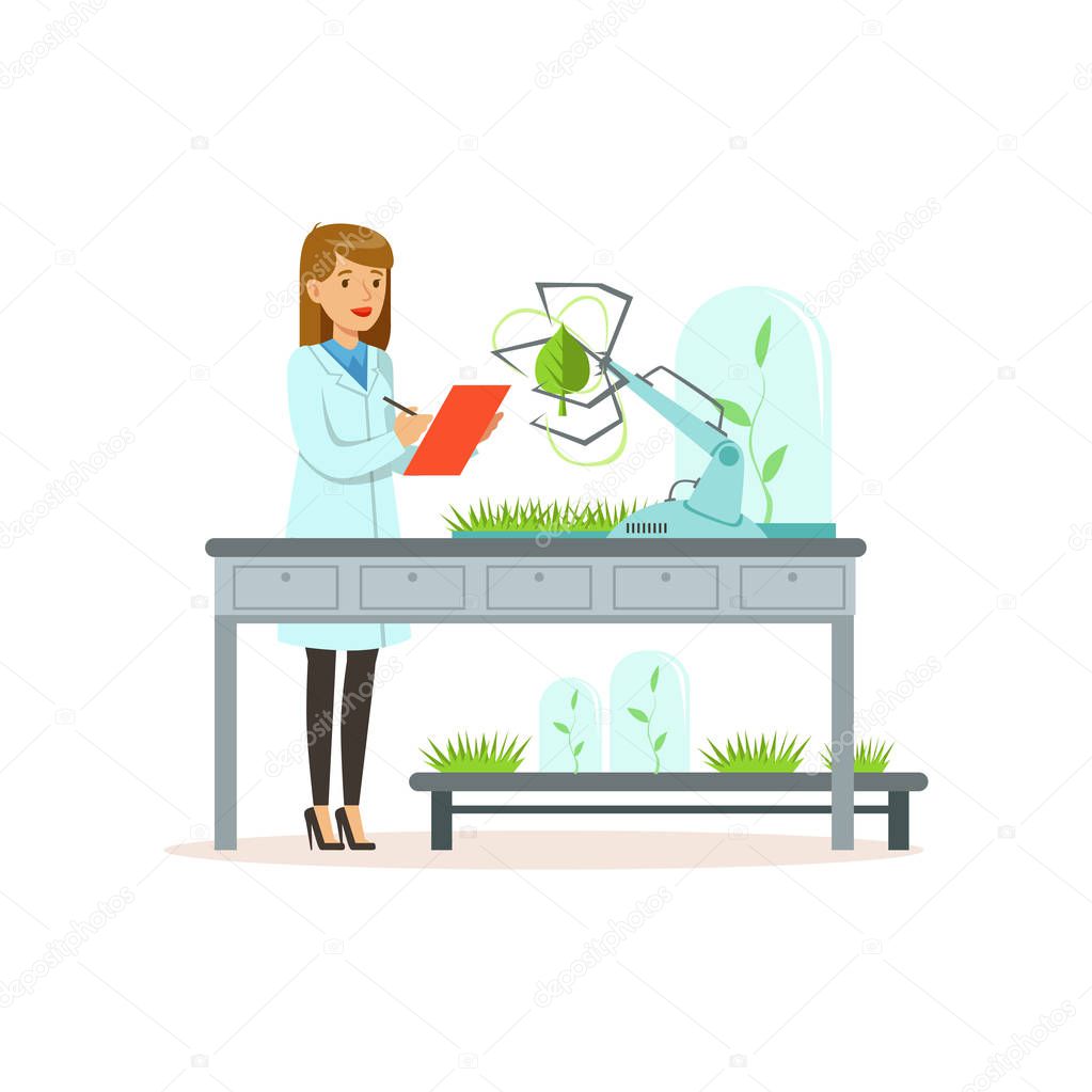 Female scientist and robotic arm conducting experiments in a modern laboratory, robotic arm working and testing green tree leaf, artificial intelligence concept vector illustration