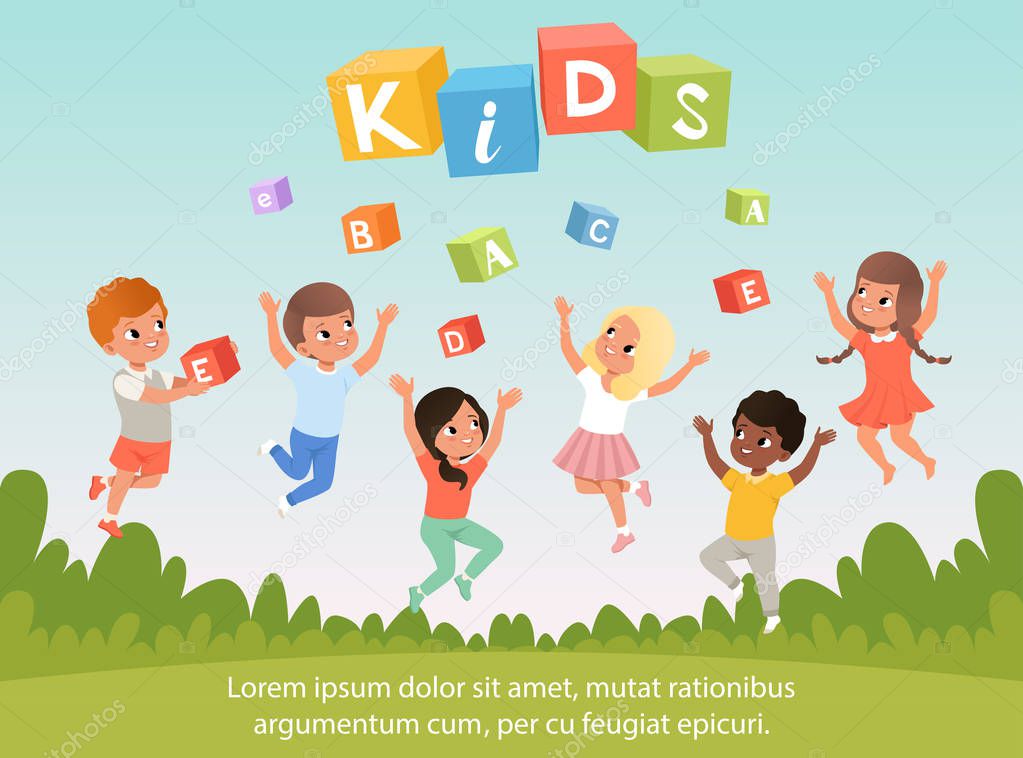 Group of kids with happy faces. ABC cubes. Cartoon children. Blue sky and nature. Flat vector poster for speech therapy, child development center or kindergarten.