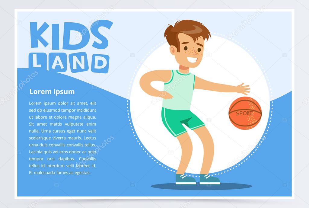 Smiling sportive boy playing basketball, kids land banner flat vector element for website or mobile app