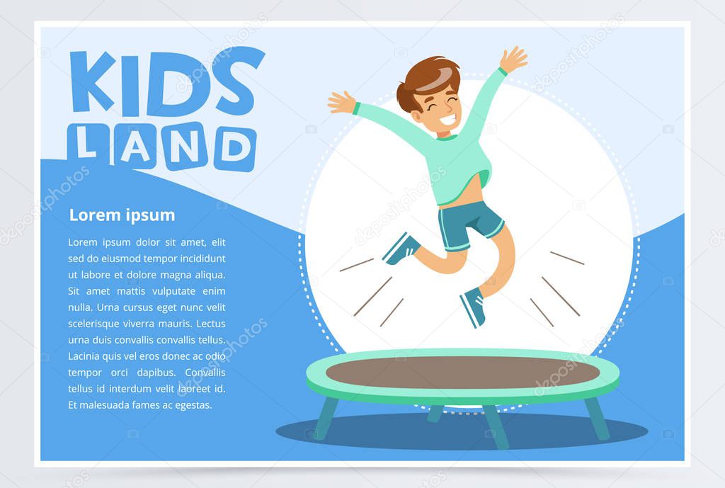 Smiling active boy jumping on trampoline, kids land banner flat vector element for website or mobile app
