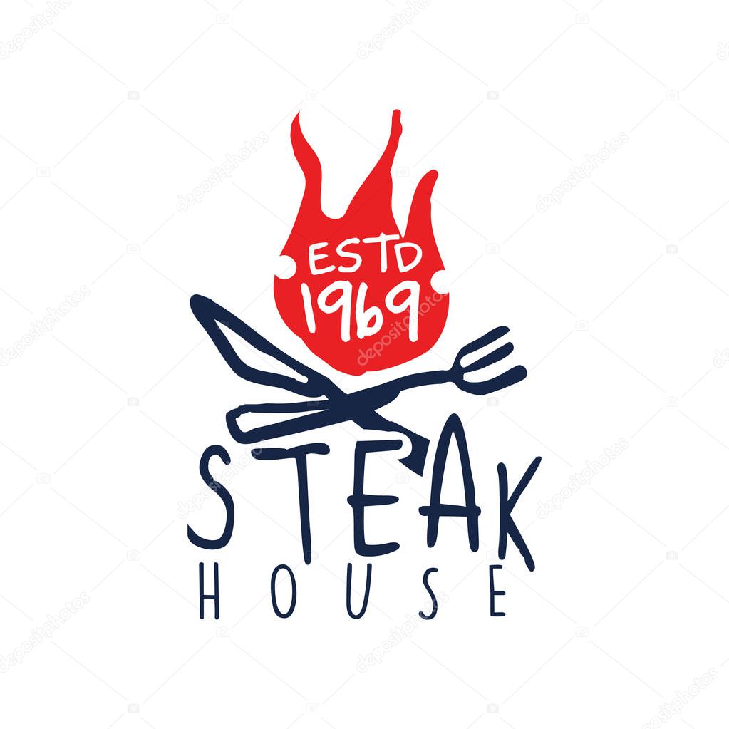 Steak house logo estd 1969, vintage label colorful hand drawn vector Illustration isolated on a white background
