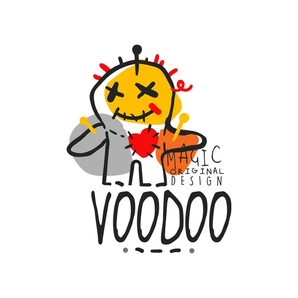 Imádnivaló voodoo babát misztikus store logo vagy címke sablon tűvel. Hagyományos vallás. Kézzel rajzolt vektoros illusztráció elszigetelt fehér. — Stock Vector