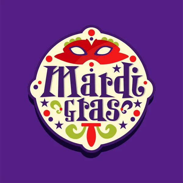Etiqueta original do Carnaval de Mardi Gras, etiqueta com máscara vermelha de venetian masquerade. Lettering decoração de férias. Ilustração festiva vetorial — Vetor de Stock