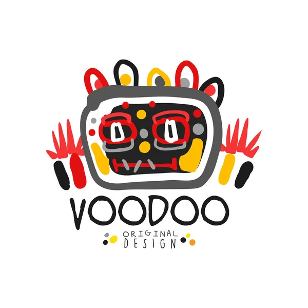 Kid s stil Voodoo magic logotyp ursprungliga malldesign med abstrakt skrämmande huvud och dekoration. Magiska eller mystiska tema print. Hand dras vektorillustration — Stock vektor