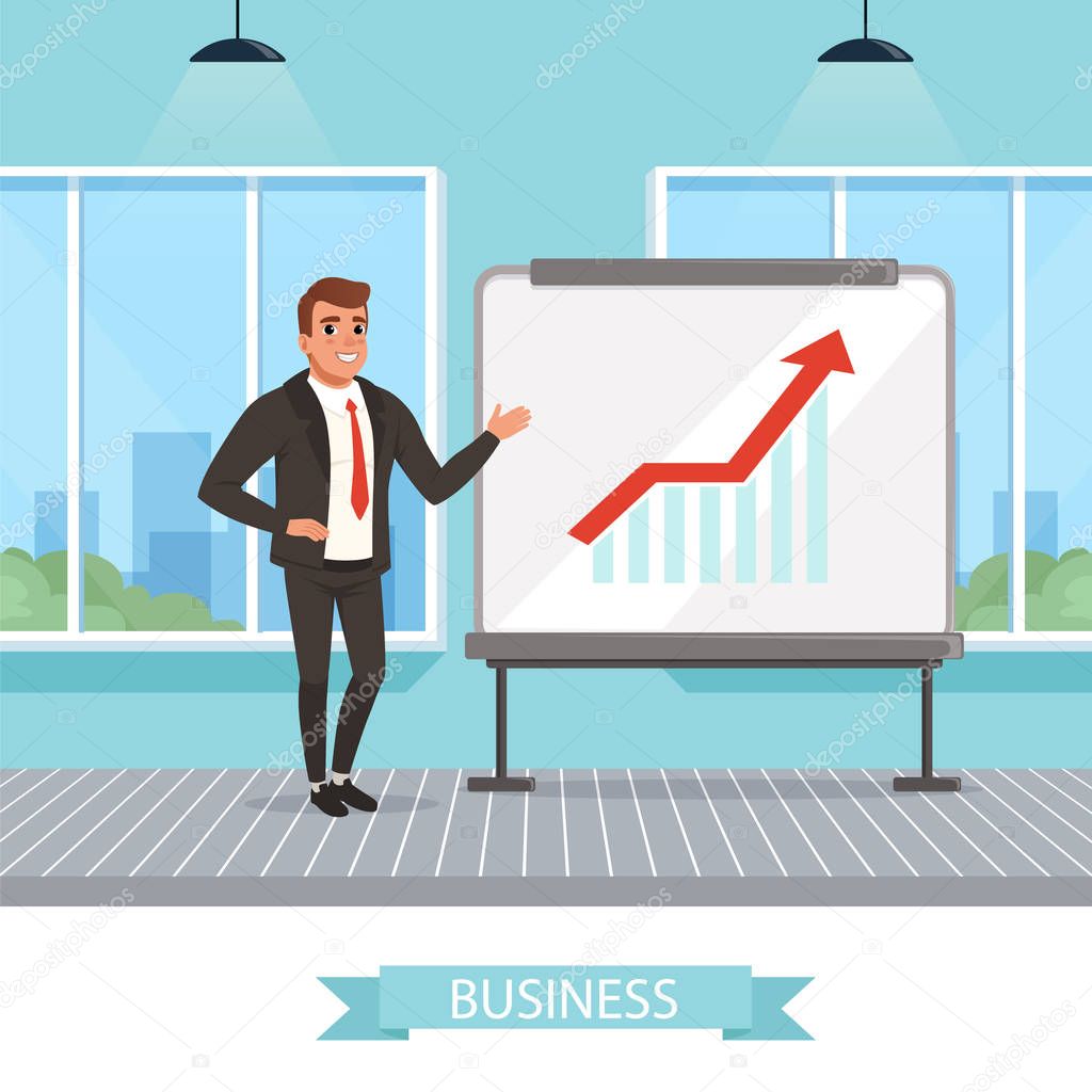 Self-confident businessman standing near blackboard and showing growing graphs. Successful work. Office room with big panoramic windows. Successful worker. Flat vector