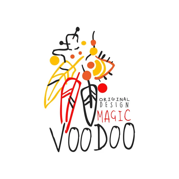 Diseño colorido original de Voodoo etiqueta mágica africana y americana con plumas. Concepto de cultura y religión. Ilustración vectorial mística dibujada a mano — Archivo Imágenes Vectoriales