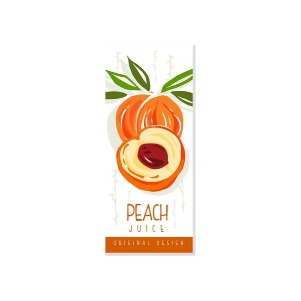 Promo-banner van de originele vrucht met zoete perzik. Hand getekend label voor SAP, jam of yoghurt verpakking. Natuurlijke veganistische voeding. Zomer drank. Kleurrijke vector design — Stockvector