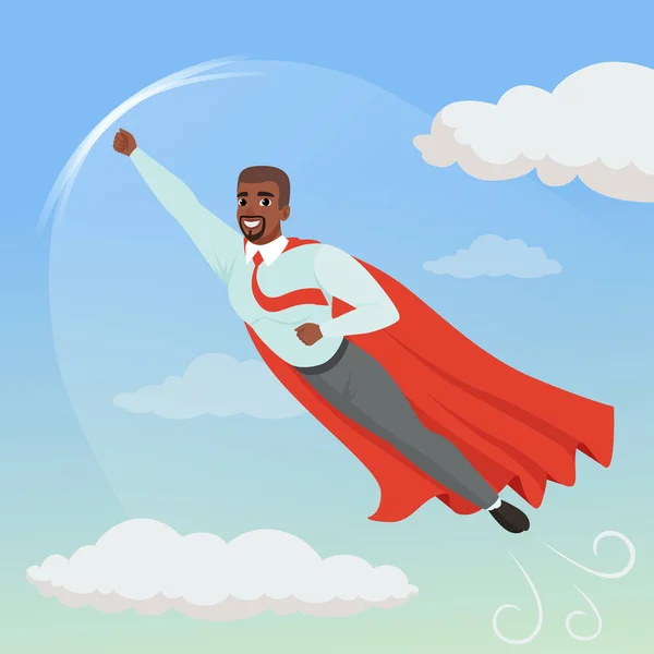 Hombre afroamericano de dibujos animados con capa de superhéroe volando en el cielo azul. Crecimiento y promoción profesional. Hombre de negocios exitoso personaje en camisa, corbata y pantalones. Vector plano — Archivo Imágenes Vectoriales