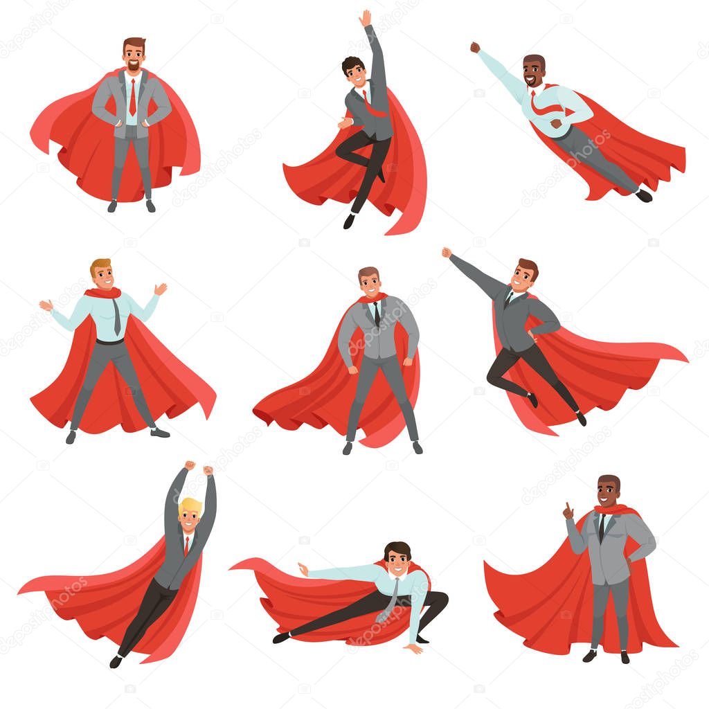 Superhero business men in different poses. Cartoon characters in formal clothes with ties and red capes. Career advancement. Successful office workers. Flat vector