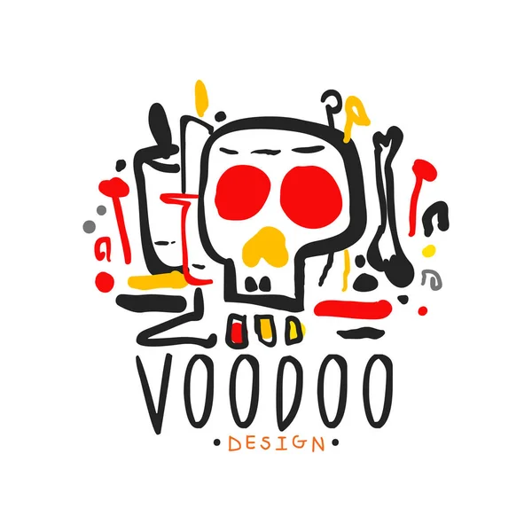 Eredeti kézzel rajzolt Voodoo magic logo design sablon misztikus koponya. Hagyományos vallási és a misztikus kultúra. Színes vektoros illusztráció — Stock Vector
