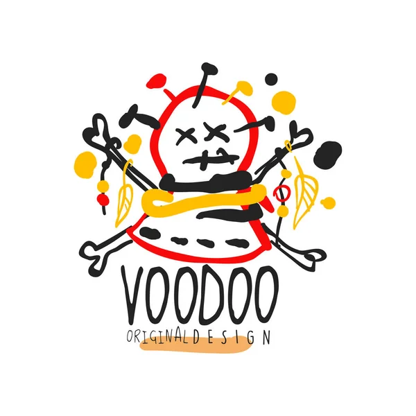 Kreatív színes logó sablon absztrakt fejjel Voodoo magic Shop tűvel. Lelki vagy vodun varázslat koncepció. Kézzel rajzolt lapos vektoros illusztráció — Stock Vector