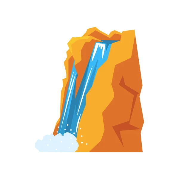 卡通自然泉瀑布从高山悬崖倾泻而下。清洁和淡水的来源。自然环境的概念。彩色平面矢量设计 — 图库矢量图片