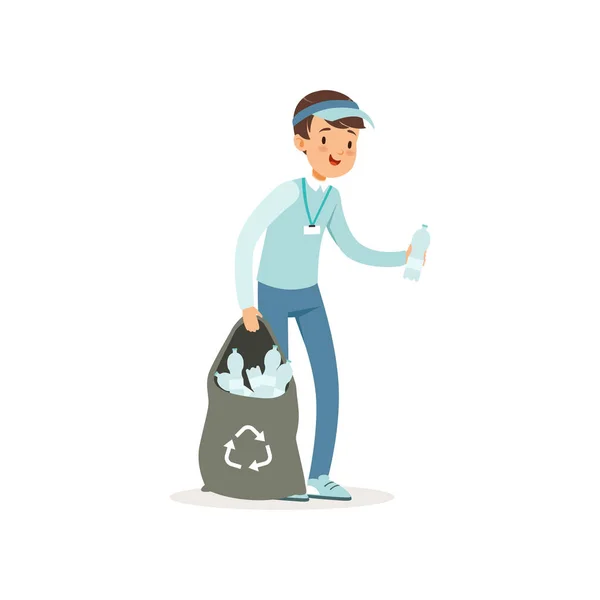 Cartoon kid character collecting empty plastic bottles into black bag. Volunteering concept. Smiling boy in blue jeans, t-shirt and cap. Social activity. Flat vector — Stock Vector