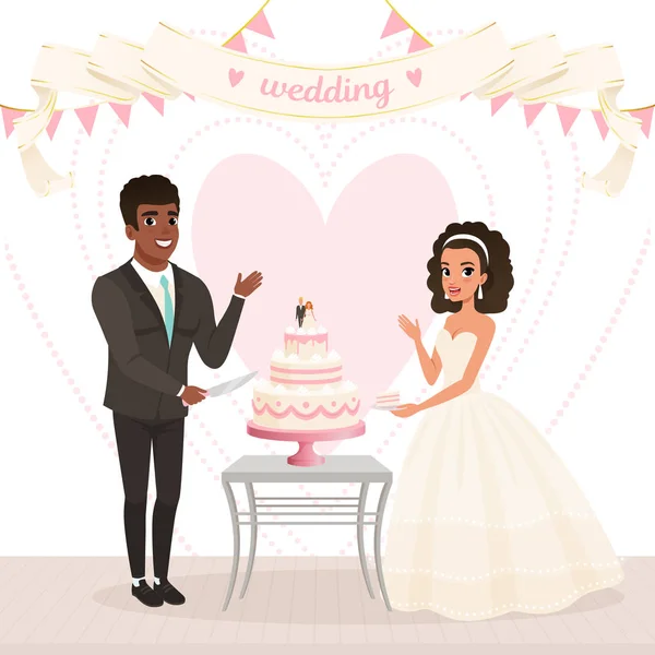 Cartoon caucasian bride and afro-american groom cutting wedding cake. Happy day. Couple in love. Woman in lush dress, man in classic black suit. Flat vector design — Stock Vector