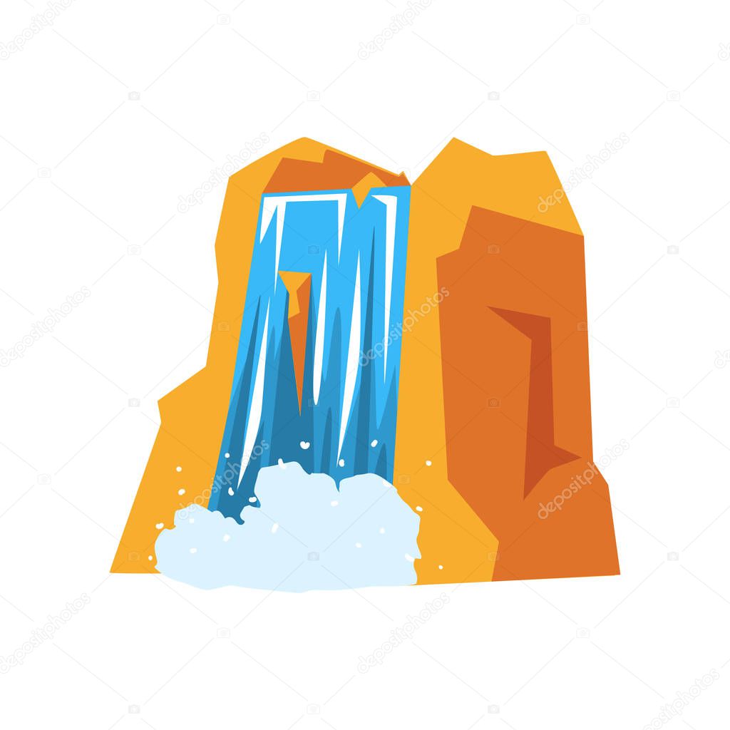 Colorful rocky mountain and beautiful waterfall with pure blue water. Element of landscape design. Nature concept. Cartoon flat vector illustration