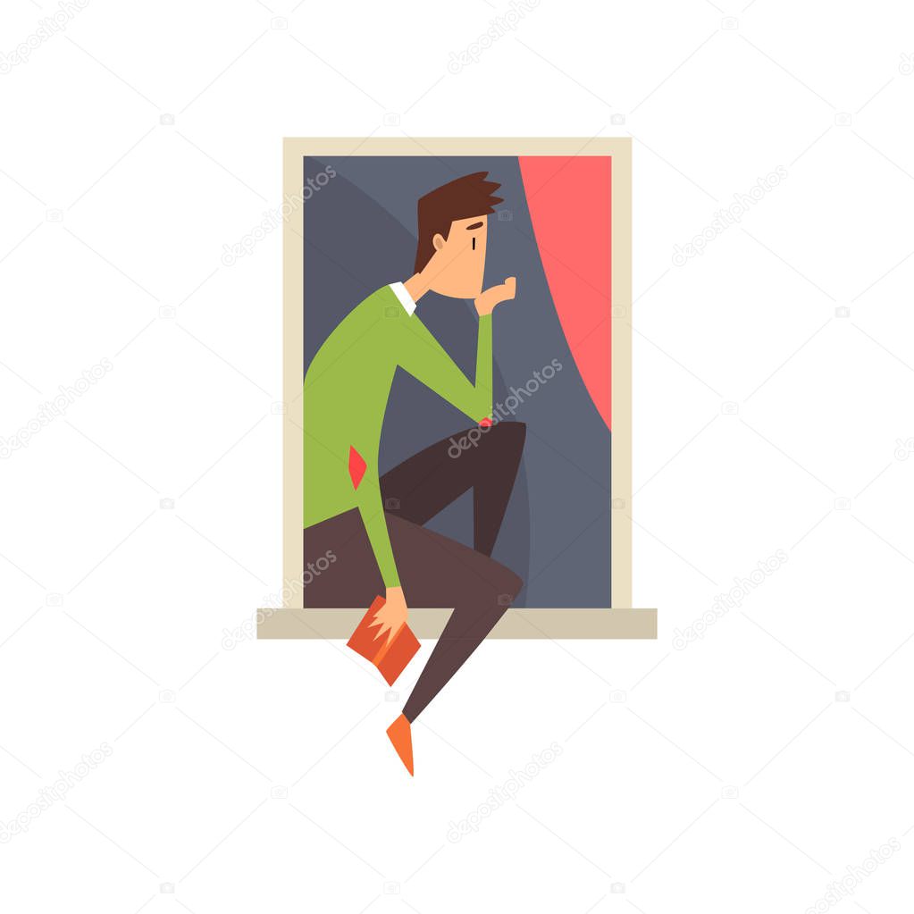 Man sitting in pensive posture on windowsill. Cartoon male character with book in hand. View on apartment window from street. Exterior element. Flat vector design