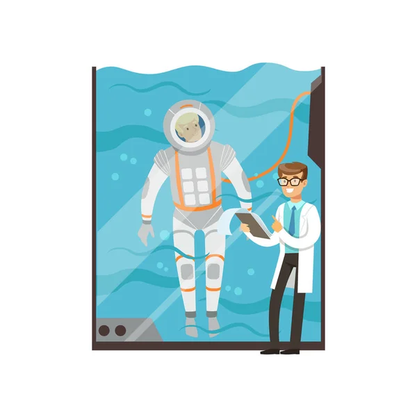 Il dottore conduce la visita medica di astronauta. Cartoon uomo personaggio di formazione in serbatoio di acqua di vetro. Giovane pilota sott'acqua in tuta spaziale. Tecnologia moderna. Vettore piatto — Vettoriale Stock