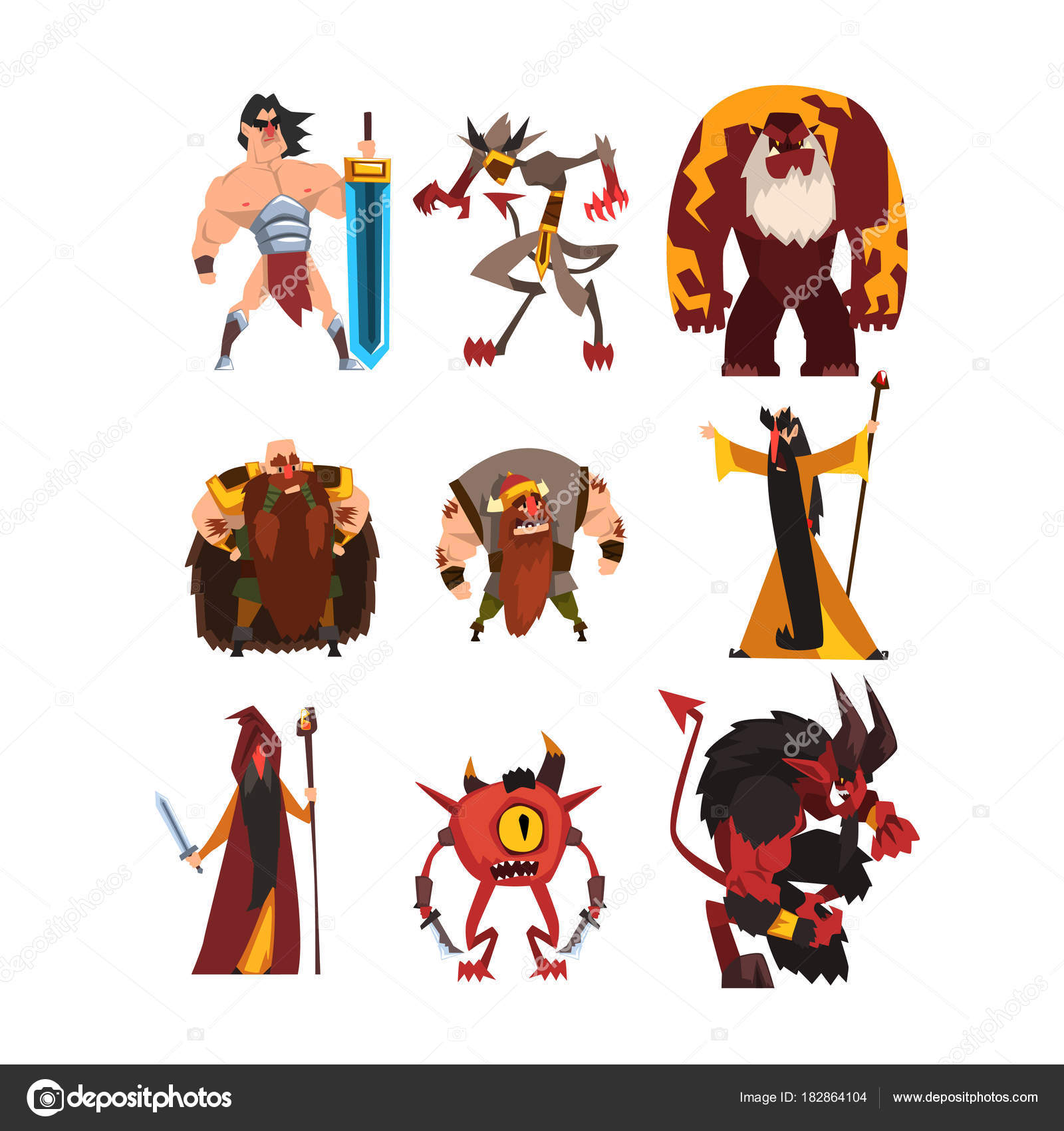 Collection avec les personnages du jeu fantasy différents Dessin Dessin animé sorcier guerrier viking géant demon cyclope magicien Conception de vecteur coloré Illustration dans le style plat isolé sur fond blanc