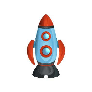 Çizgi film uzay gemisi ile yuvarlak pencere eşiği. Mavi, kırmızı ve gri renklerde detaylı roket. Modern uçan teknoloji ile evren seyahat için. Düz vektör tasarımı