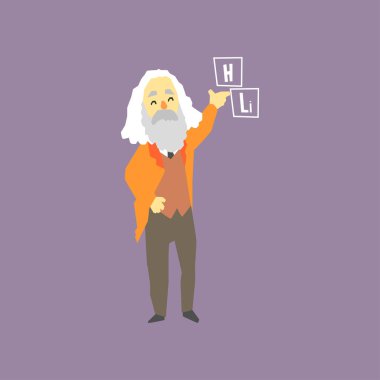 Ünlü Rus kimyager - Dmitri Mendeleev. Elementlerin periyodik tablosu mucidi. Gülümseyen gri saçlı adam karakter sakallı. Çizgi film düz vektör tasarımı