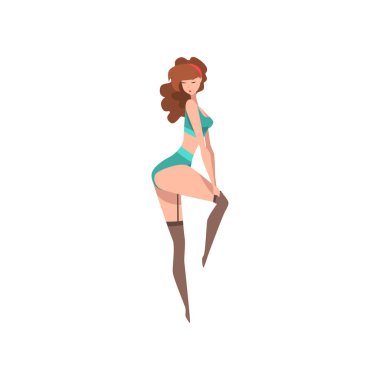 Siyah çorap ve seksi turkuaz iç giyim mükemmel ince gövdeli genç pin-up modeli. Şehvetli şık kadın. Çizgi film pin-up kızı kahverengi saçlı. Düz vektör tasarımı