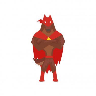 Süper kahraman köpek karakteri ayakta katlanmış ellerle Süper köpek giymiş kırmızı pelerin ve maske karikatür vektör çizim