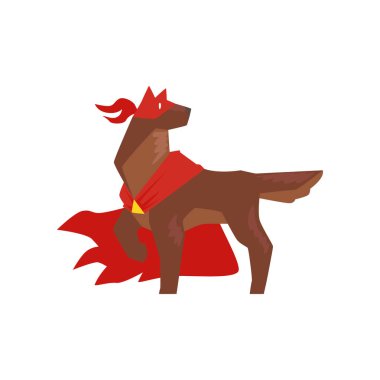 Süper kahraman köpek karakteri ayakta kahramanca poz, Süper köpek giymiş kırmızı pelerin ve maske karikatür vektör çizim