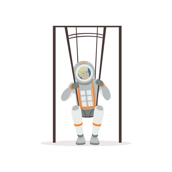 Glimlachende man in ruimtepak training op speciale schommels. Jonge astronaut ruimtevlucht voorbereiden. Testen van lichamelijke activiteit. Kleurrijke platte vector design — Stockvector