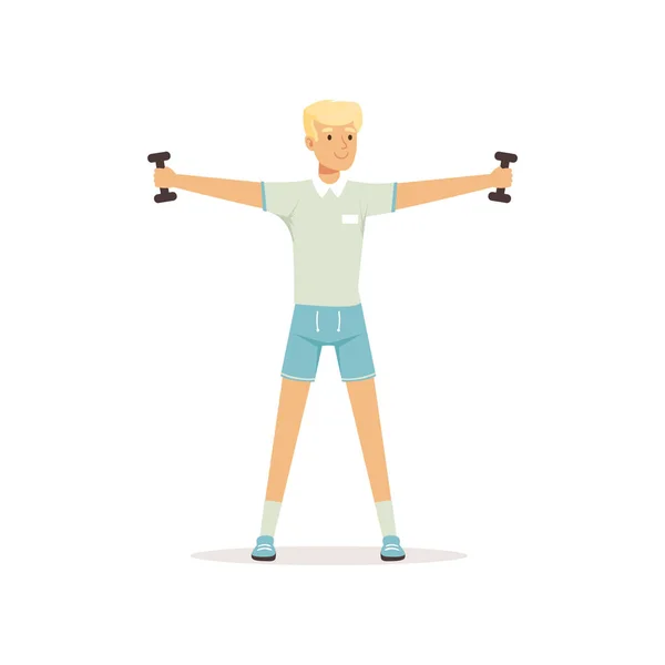 Young cosmonaut doing physical exercise. Cartoon man character standing with feet hip-distance apart and raising arms with dumbbells. Guy in shortswear. Flat vector — Stock Vector