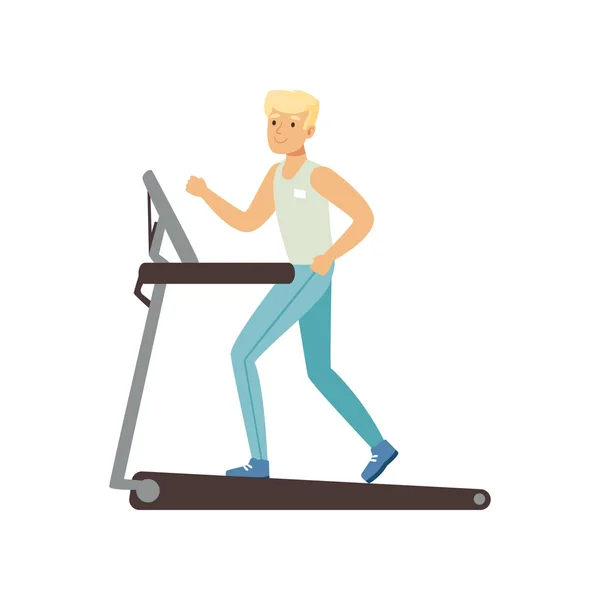 Young blond man running on treadmill. Astronaut preparing for space flight. Physical activity. Training machine. Cartoon male character in sportswear. Flat vector — Stock Vector