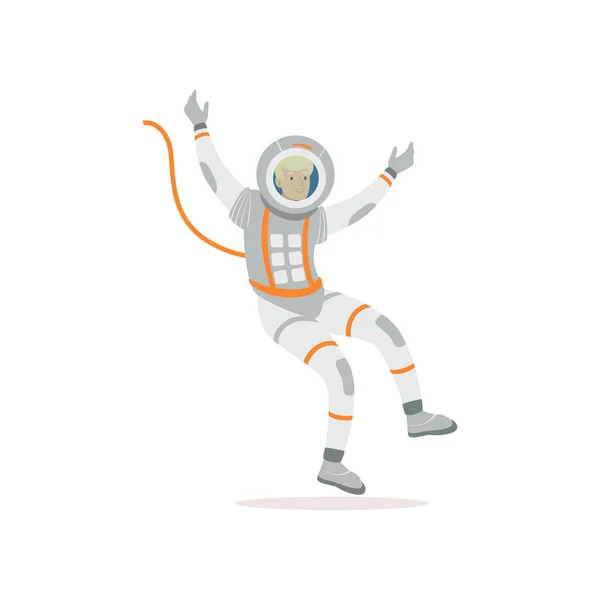 Man training before flight in cosmos. Cartoon cosmonaut character wearing spacesuit. Young astronaut flying in open space. Colorful flat vector design — Stock Vector
