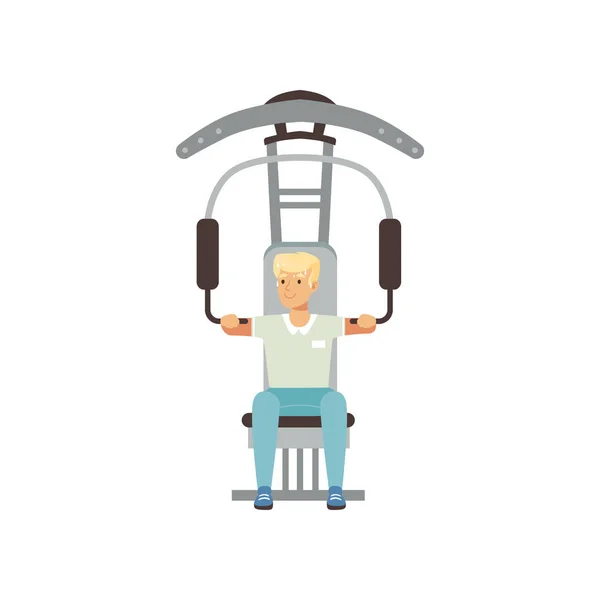 Astronaut physical training. Young man preparing for space flight. Gym equipment. Workout concept. Cartoon male character in shorts and t-shirt. Flat vector design — Stock Vector