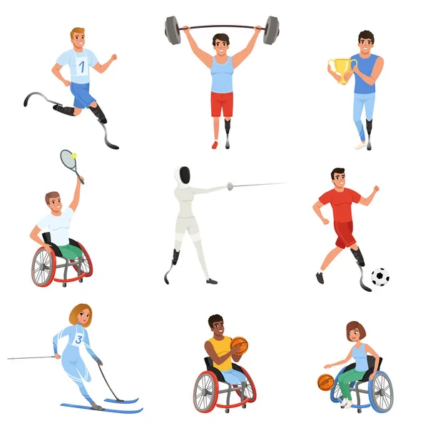 Conjunto de atletas paralímpicos con discapacidades físicas. Hombres y mujeres sonrientes que participan en varios juegos deportivos. Estilo de vida activo. Diseño de vector plano colorido — Archivo Imágenes Vectoriales