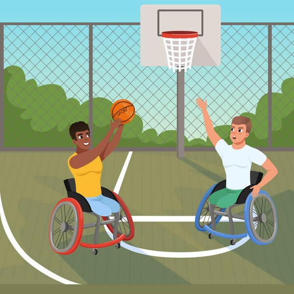 Sportsmen on wheelchairs playing with ball. Sports basketball court. Athletes with physical disabilities. Active lifestyle. Bushes, sky and fence on background. Flat vector