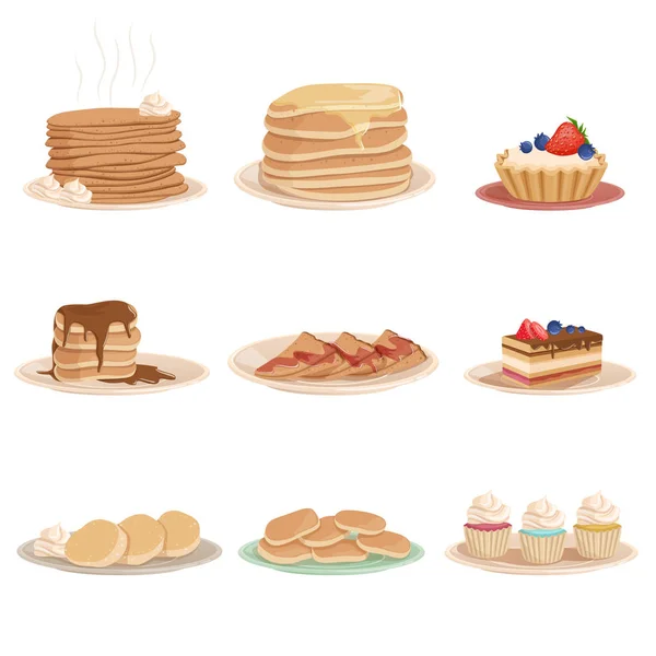 Set with various sweet desserts stack of pancakes, cupcakes, cake, fritters and tartelette. Tasty breakfast. Flat vector design for pastry shop, recipe book or menu — Stock Vector