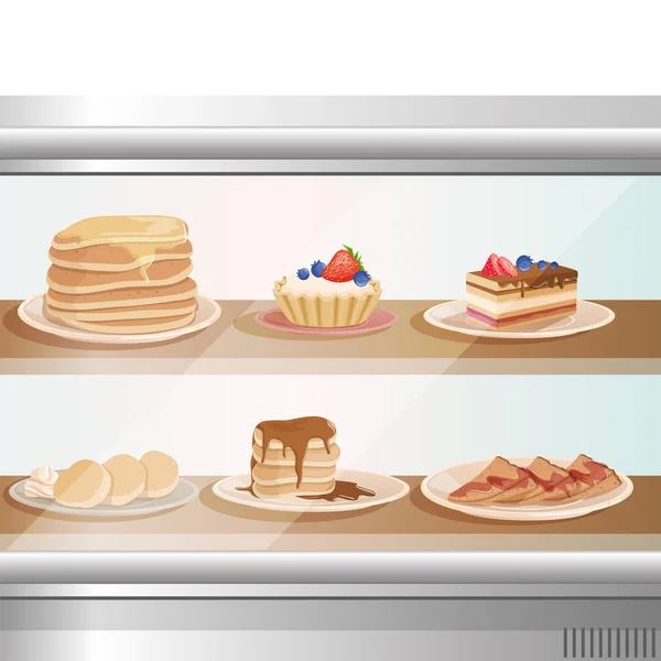 Glass showcase of cafe or bakery shop with various sweet desserts. Stack of pancakes, fritters, cupcakes, cake and tartelette. Tasty breakfast. Flat vector design — Stock Vector