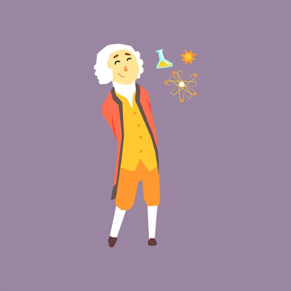 Карикатурный персонаж Исаака Ньютона - известного физика и математика в истории. Ученый в колониальном парике, пальто, брюках и рубашке. Плоская векторная иллюстрация — стоковый вектор