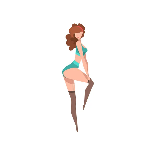 Young pin-up model with perfect slim body in black stockings and sexy turquoise underwear. Sensual stylish woman. Cartoon pin-up girl with brown hair. Flat vector design — Stock Vector