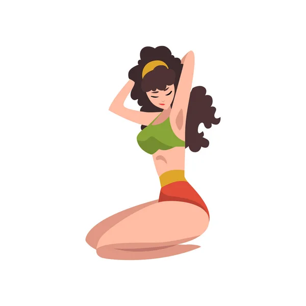 Attractive woman sitting and holding hands behind her head. Pin-up model in high waist retro bikini with green top. Sensual girl with brown curly hair. Flat vector — Stock Vector