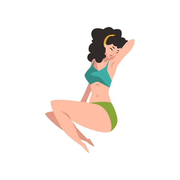 Portrait of beautiful pin-up model in lying position. Pretty young girl in retro swimwear with black curly hair. Smiling sensual woman with sexy body. Flat vector design — Stock Vector