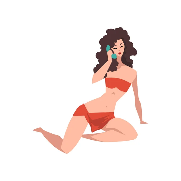 Glamour pin-up model posing while sitting and speaking on vintage telephone. Sensual woman with sexy body. Cartoon young girl in red retro swimsuit. Flat vector design — Stock Vector