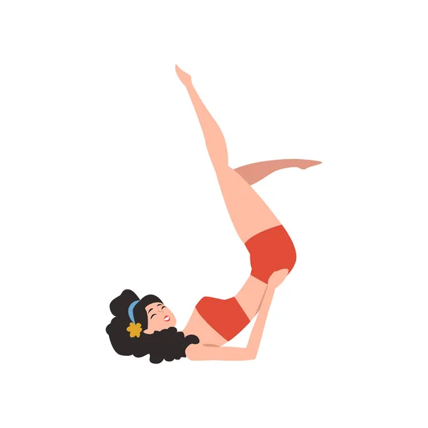 Attractive pin-up model with perfect slim body in inverted pose. Sexy girl dressed in red vintage swimsuit. Cartoon woman with black curly hair. Flat vector design — Stock Vector