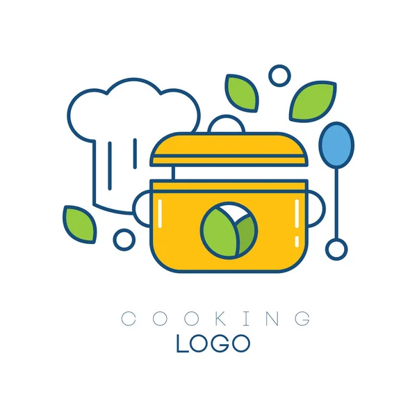 Original Vektor-Logo-Vorlage mit Kochmütze, Löffel, Topf und Blättern. Design für Koch- oder Kochkurse. abstraktes lineares Emblem mit farbenfroher Füllung — Stockvektor